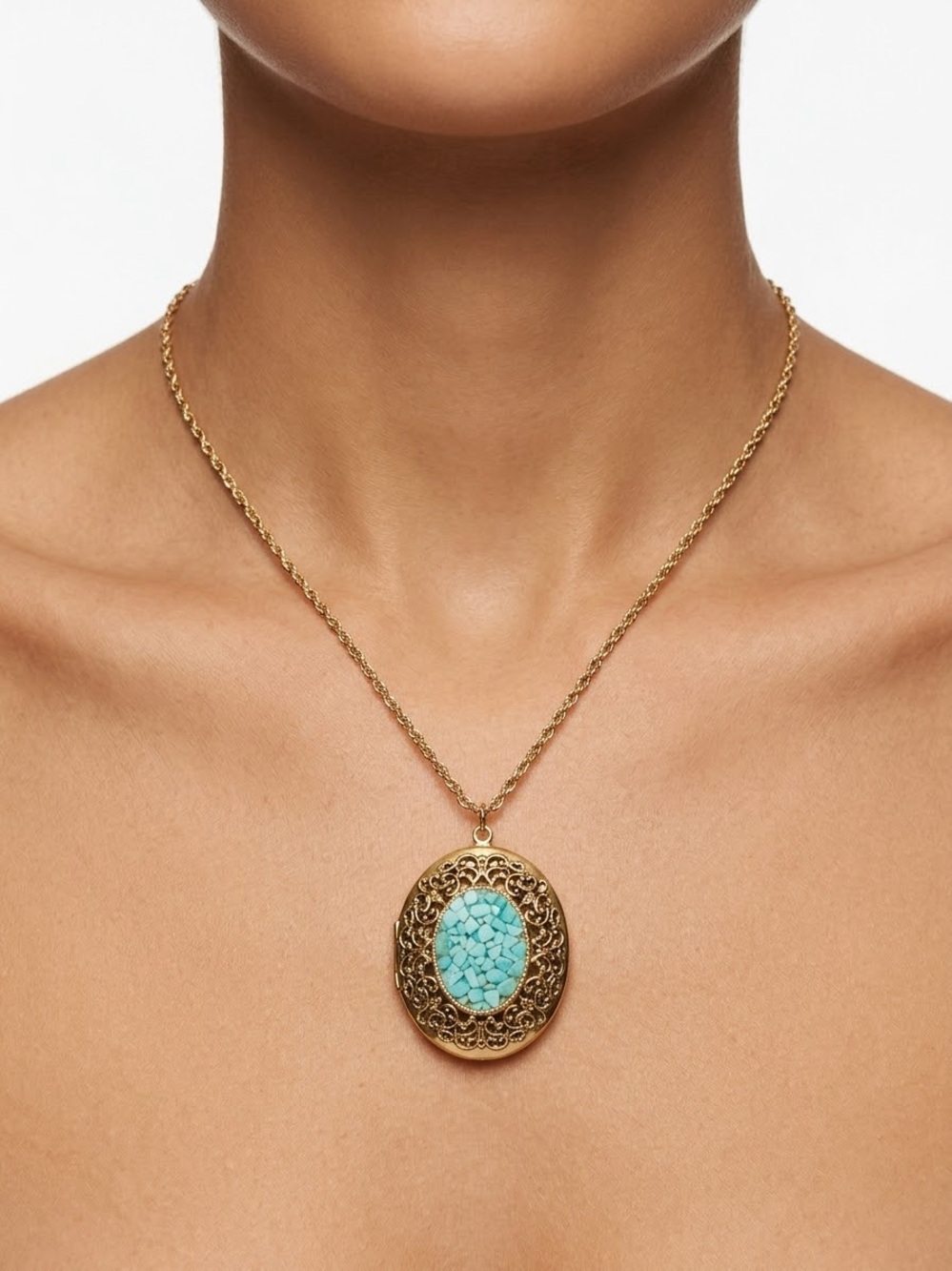 Vintage Gold Filigree Pendant Locket  Necklace with Turquoise Stone